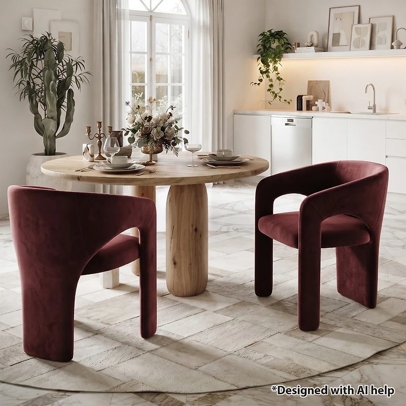Maison Boucle Modern Velvet Barrel Dining Chairs Set of 2, Burgundy Upholstered Curved Back, Wraparound Accent Side for Room and Kitchen