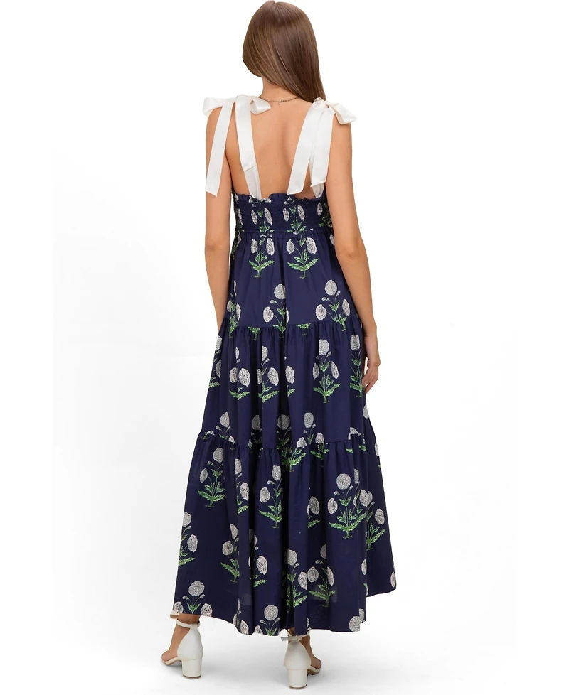 Pinkblush Women's Navy Floral Sweetheart Neckline Smocked Maxi Dress