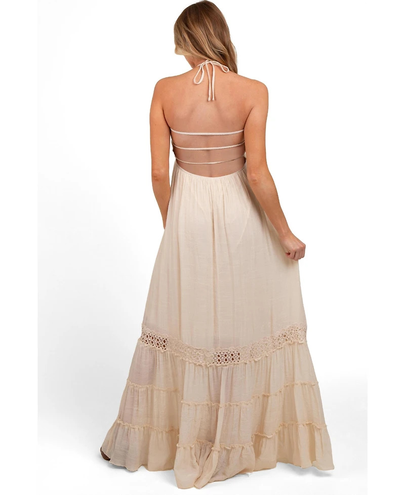 Pinkblush Women's Cream Smocked Open Back Maxi Dress