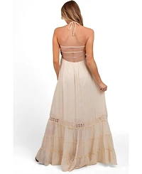 Pinkblush Women's Cream Smocked Open Back Maxi Dress