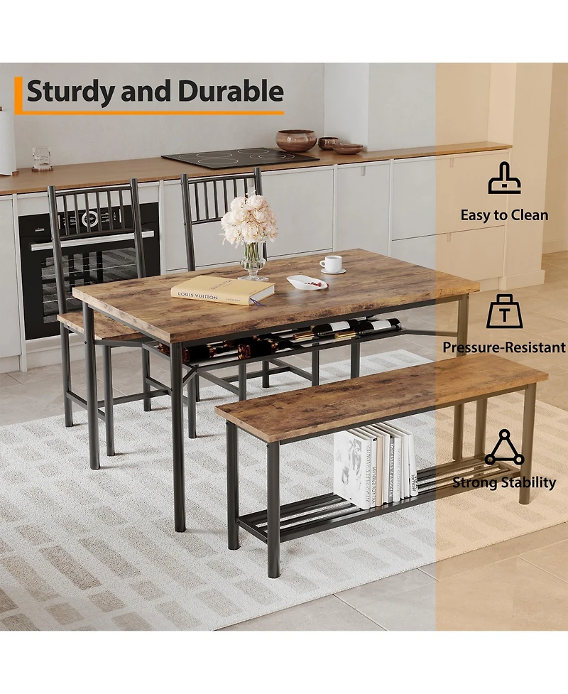 homfan 4-Piece Dining Set Space-Saving Rectangular Table with Chairs, Storage Bench & Wine Rack – Sturdy Metal Frame for Small Spaces
