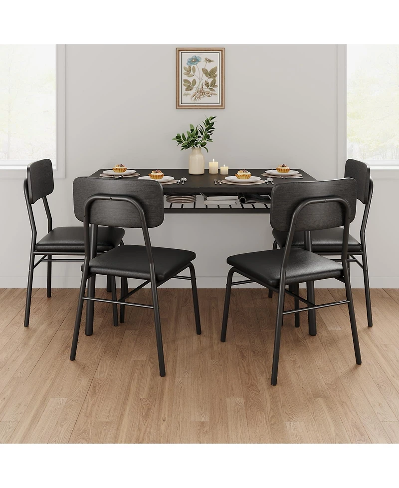 homfan 5-Piece Dining Set with Storage Rack - Modern Wood Table and 4 Upholstered Chairs, Metal Legs