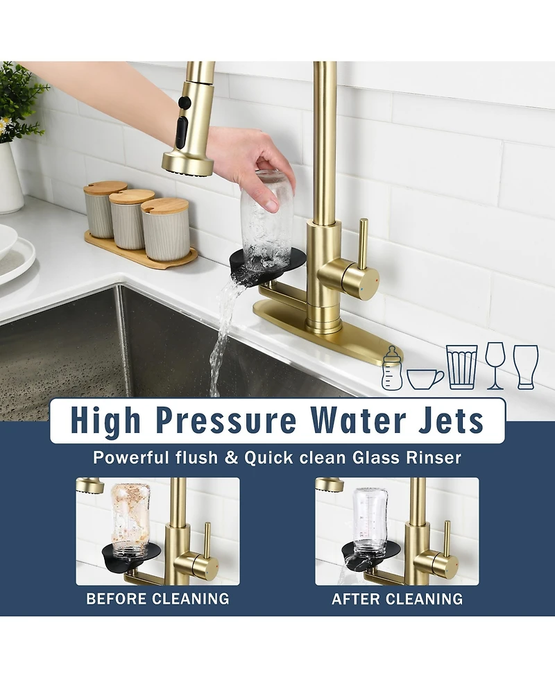Phying 3-in-1 Kitchen Faucet with Press-Type Glass Rinser, High-Arc Pull-Down Sprayer Faucet