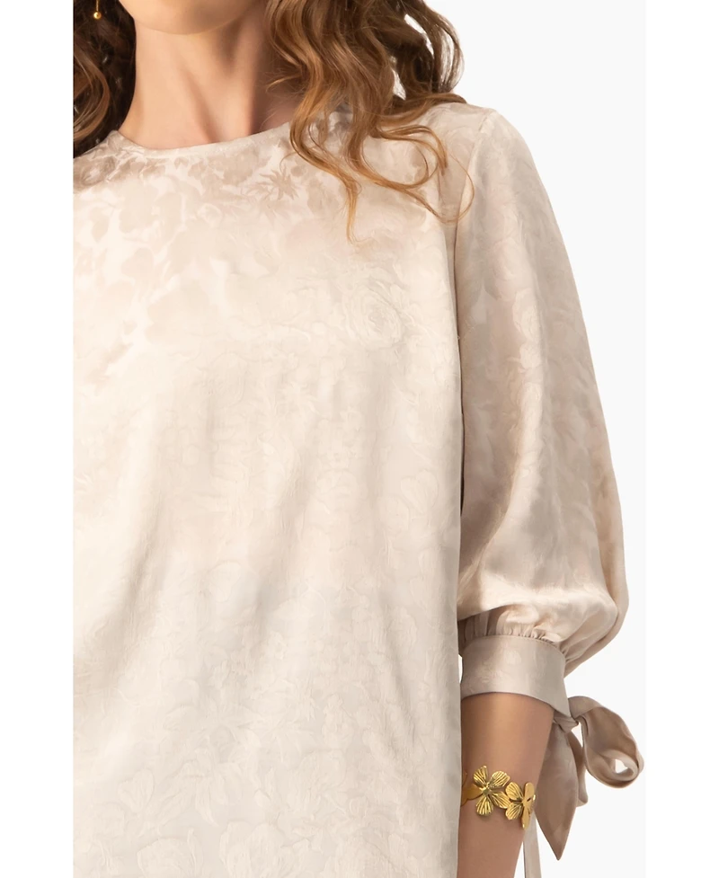 Ivonne Women's Floral Jacquard Tie-Cuff Blouse with Three-Quarter Sleeve