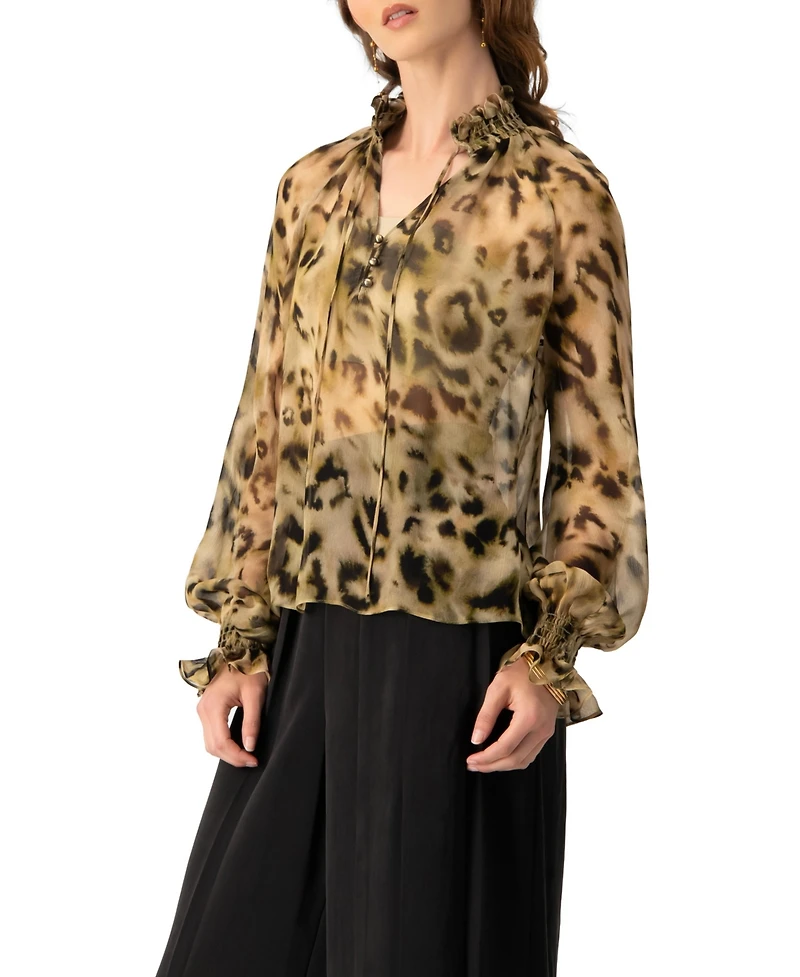 Ivonne Women's Sheer Chiffon Tie-Neck Blouse Abstract Animal Print