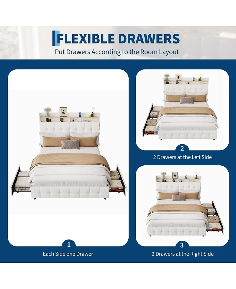 homfan Upholstered Bed Frame with 2 Storage Drawers, Led Headboard, Charging Station, Usb Port and Tufted Headboard