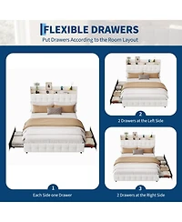 homfan Upholstered Bed Frame with 2 Storage Drawers, Led Headboard, Charging Station, Usb Port and Tufted Headboard