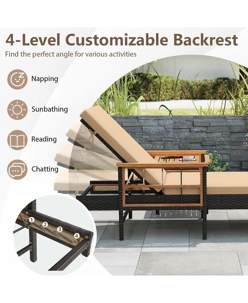 Sugift Patio Rattan Chaise Lounge with 4-Level Adjustable Backrest