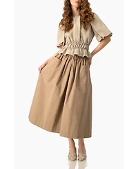 Ivonne Women's Puff Sleeve Peplum, Cinched Waist Crinkle Blouse