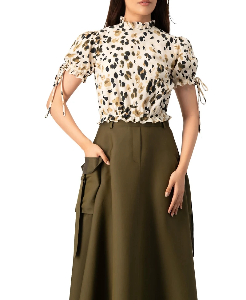 Ivonne Women's Abstract Animal Print Crop Blouse, Puff Sleeve Ruffle Neck Top