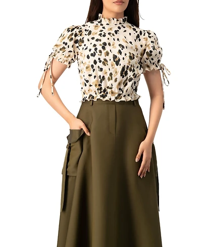 Ivonne Women's Abstract Animal Print Crop Blouse, Puff Sleeve Ruffle Neck Top