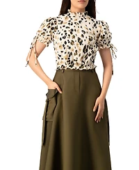 Ivonne Women's Abstract Animal Print Crop Blouse, Puff Sleeve Ruffle Neck Top