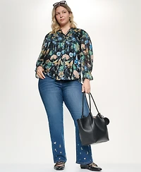 Karl Lagerfeld Paris Plus Printed Collared Long-Sleeve Top