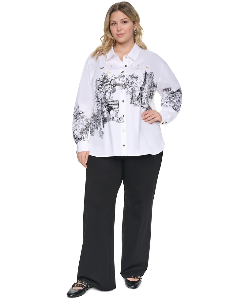 Karl Lagerfeld Paris Plus City Scene Poplin Collared Long-Sleeve Top