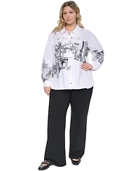 Karl Lagerfeld Paris Plus City Scene Poplin Collared Long-Sleeve Top