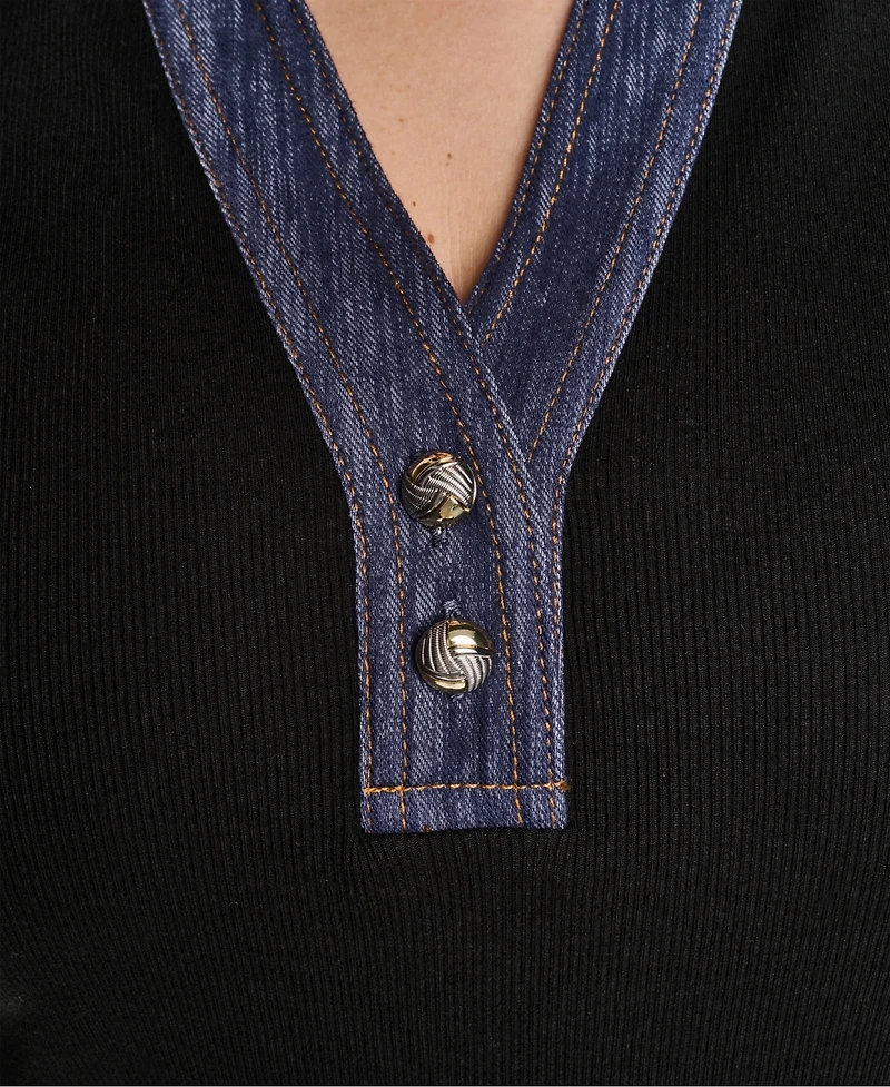 Karl Lagerfeld Paris Plus Collared Short Sleeve Pull-On Top