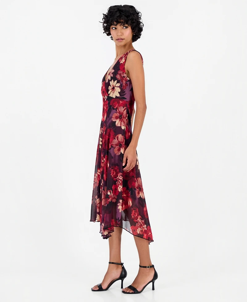 Connected Petite Floral Asymmetrical-Hem V-Neck Dress