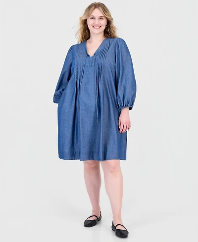 Robbie Bee Plus Denim V-Neck Long-Sleeve Shift Dress