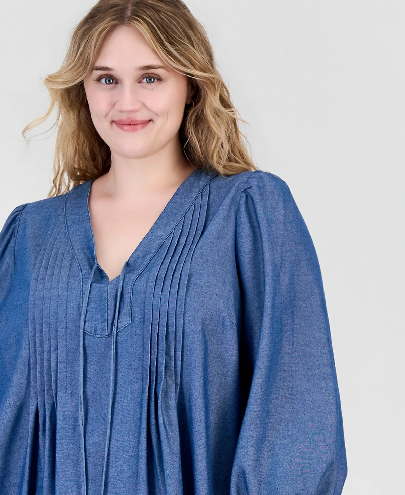Robbie Bee Plus Denim V-Neck Long-Sleeve Shift Dress