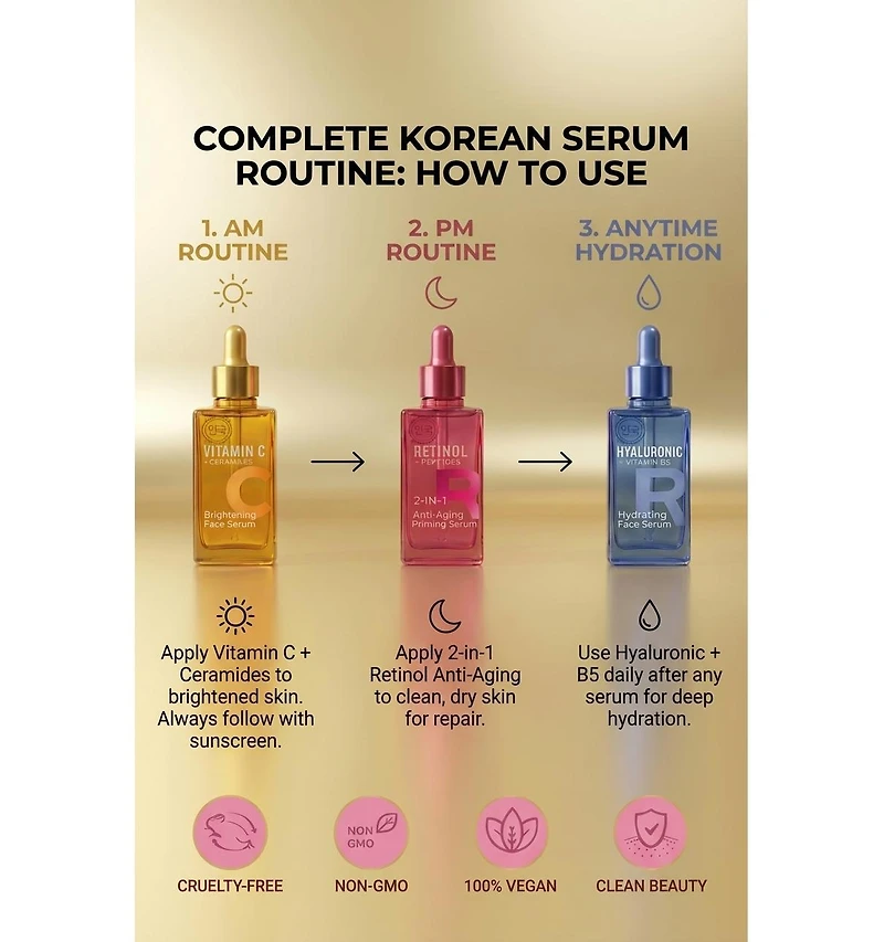 Lovery Korean Skincare Serum Set - Vitamin C, Retinol and Hyaluronic Acid Trio Face Serums