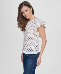 Dkny Jeans Women's Baby Chenille Pointelle Rib Flutter-Sleeve Sweater