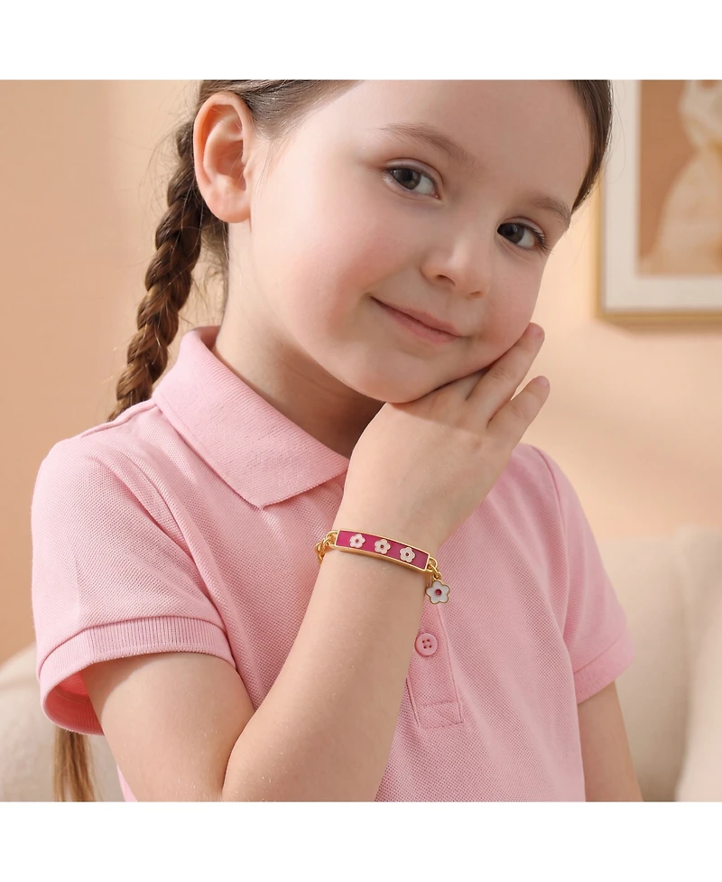 GiGiGirl 14k Yellow Gold Plated Bar Bracelet with Hot Pink Enamel and a Flower Charm for Kids