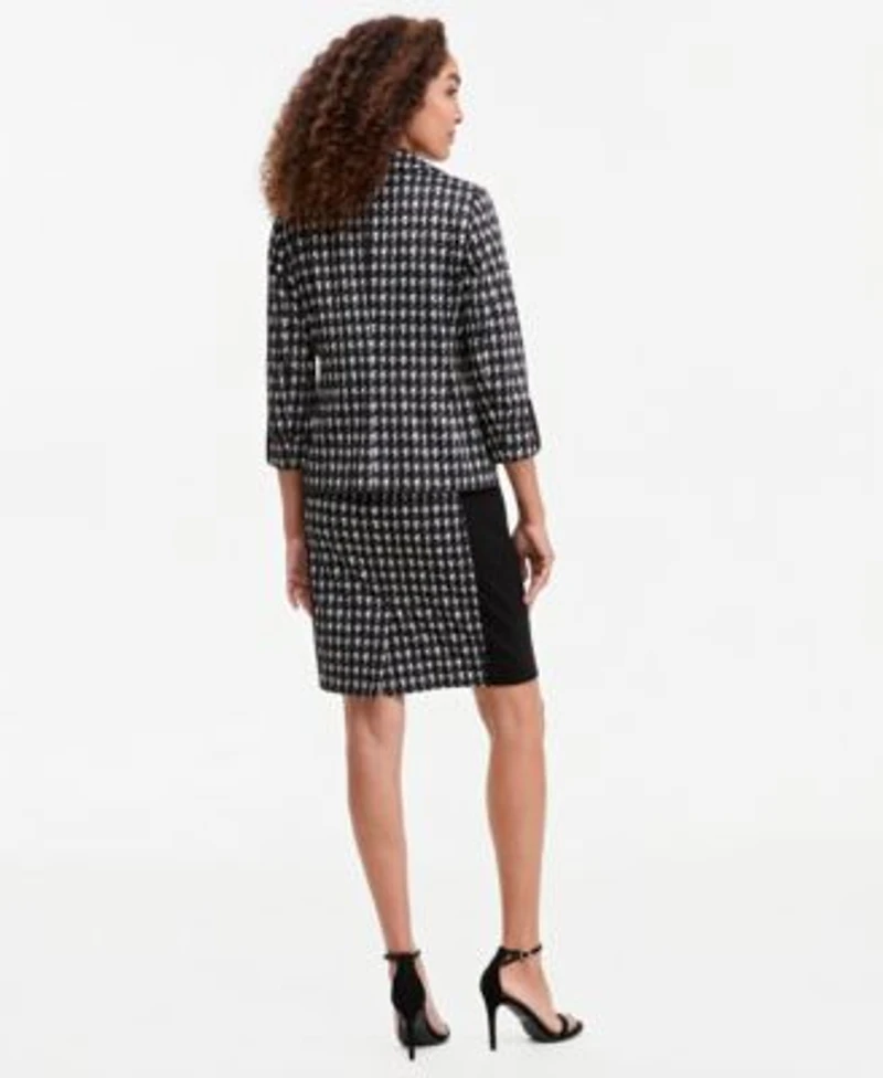 Kasper Womens Check Print Open Seamed Jacket Crewneck Sleeveless Sheath Dress