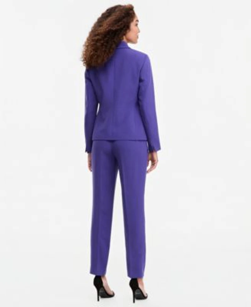 Kasper Womens Notch Collar Button Front Jacket Printed Funnel Neck Extended Shoulder Top Ava Mid Rise Straight Leg Crepe Pants