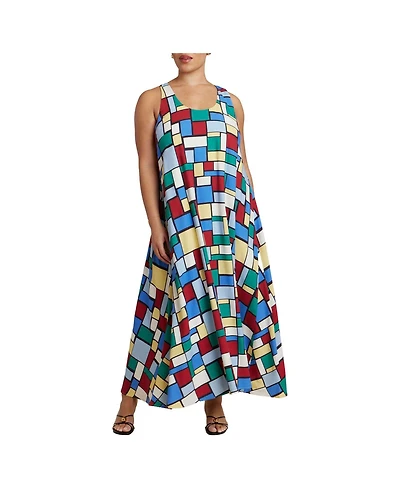 Eloquii Women's Plus Size Printed Linen Trapeze Dress