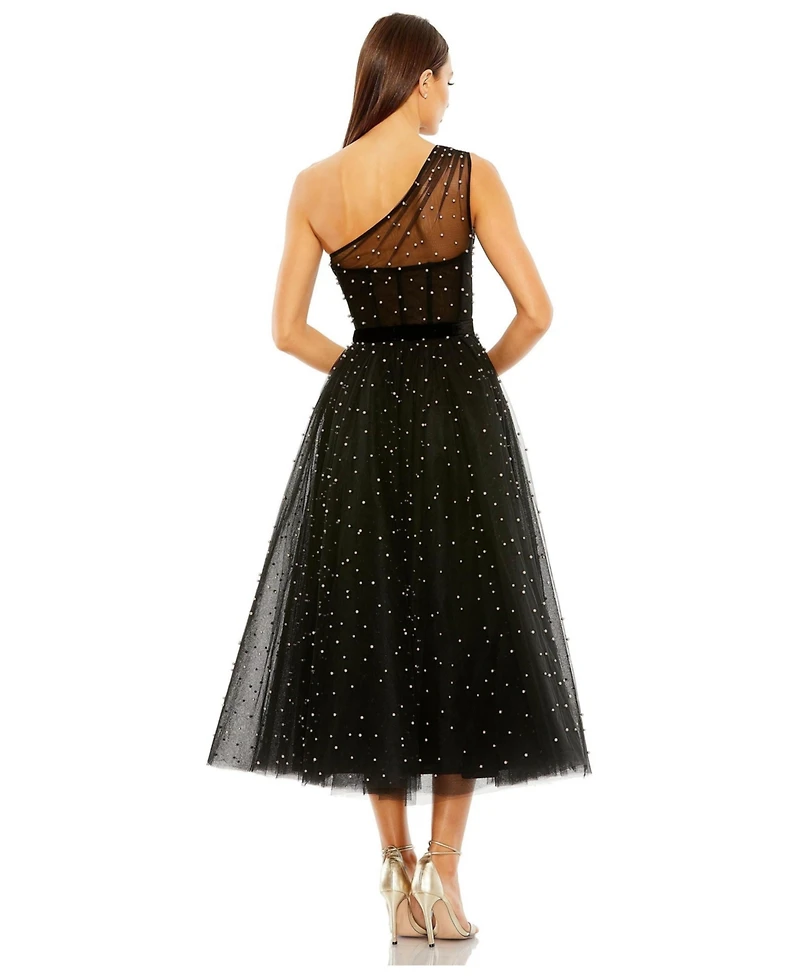 Mac Duggal Women's One Shoulder Pearl Beaded Midi Ballgown