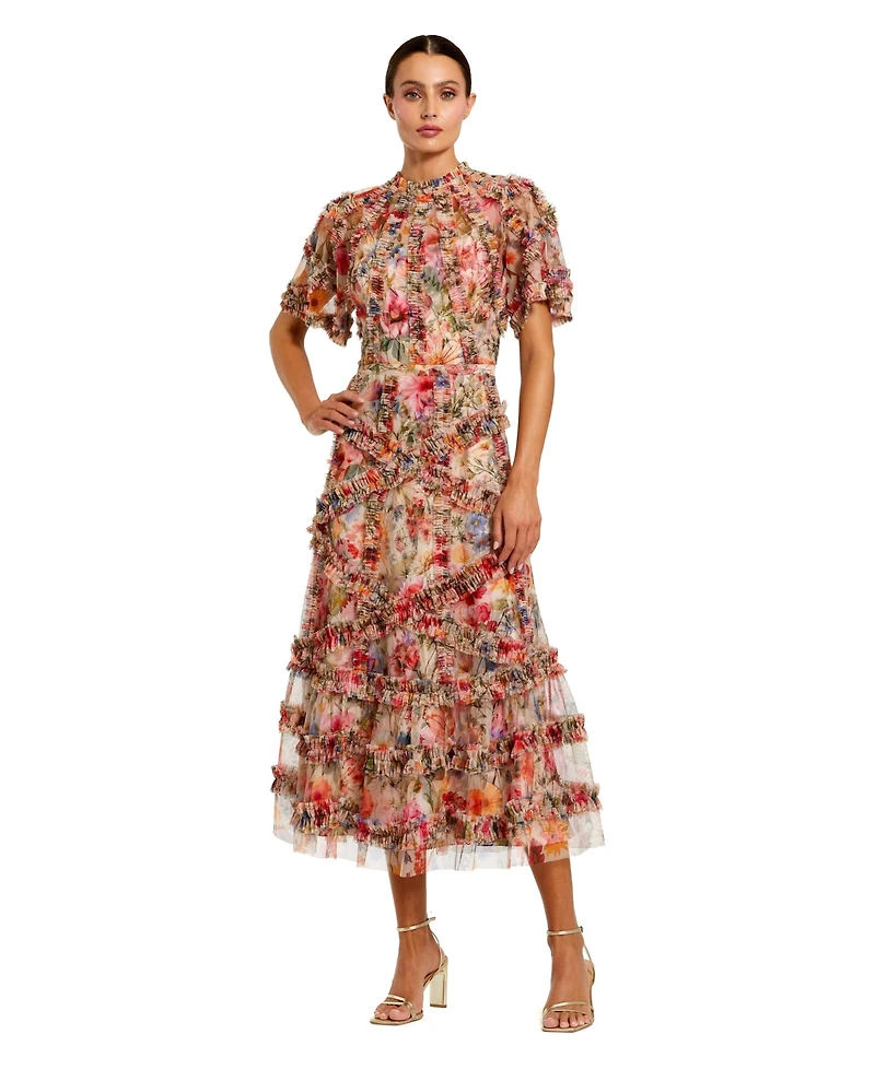 Mac Duggal Women's Floral Flutter Sleeve Mesh Print Dress