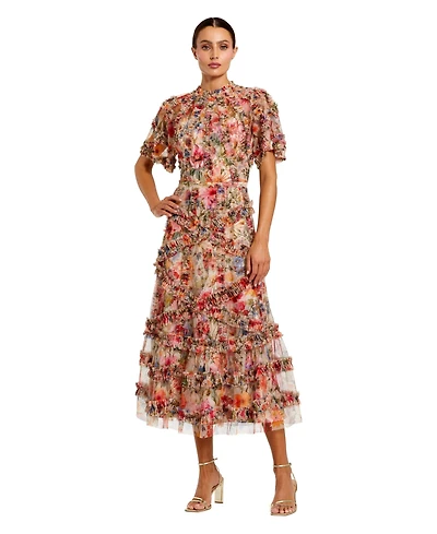 Mac Duggal Women's Floral Flutter Sleeve Mesh Print Dress