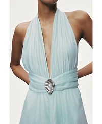 Nocturne Women's Pleated Halterneck Maxi Dress with Brooch Detail