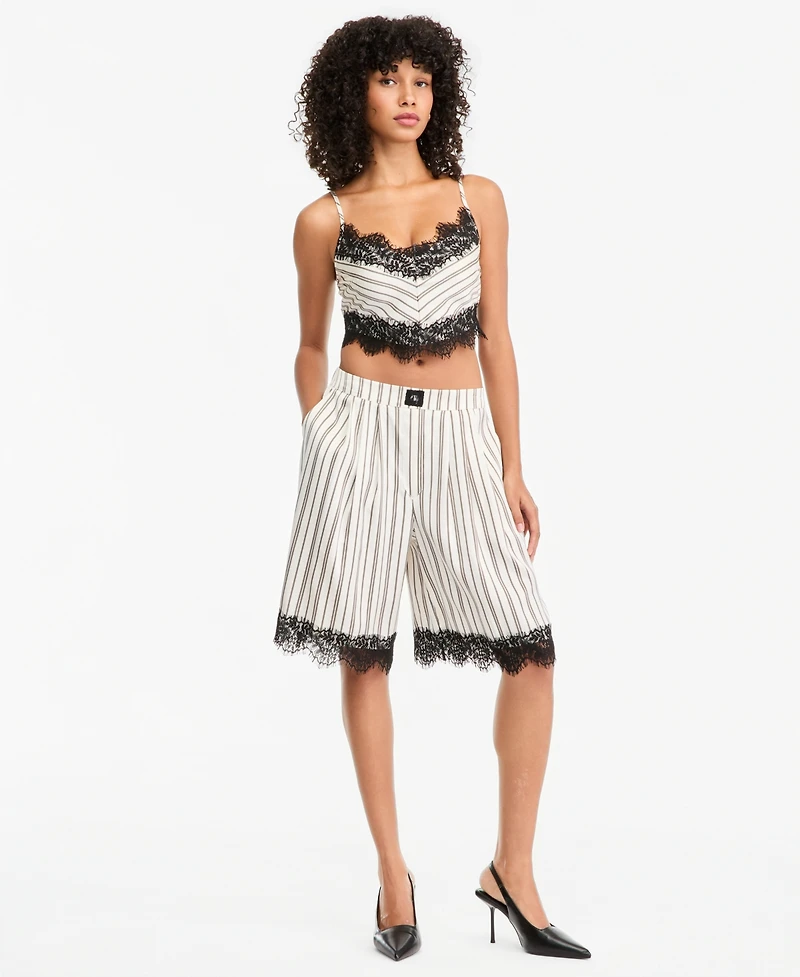 Bar Iii Women's Pinstripe Satin High-Waisted Lace-Trim Shorts, Macy's Exclusive