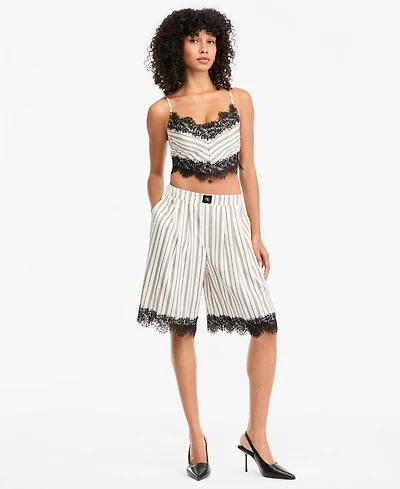 Bar Iii Women's Pinstripe Satin High-Waisted Lace-Trim Shorts, Macy's Exclusive