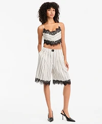 Bar Iii Women's Pinstripe Satin High-Waisted Lace-Trim Shorts, Macy's Exclusive