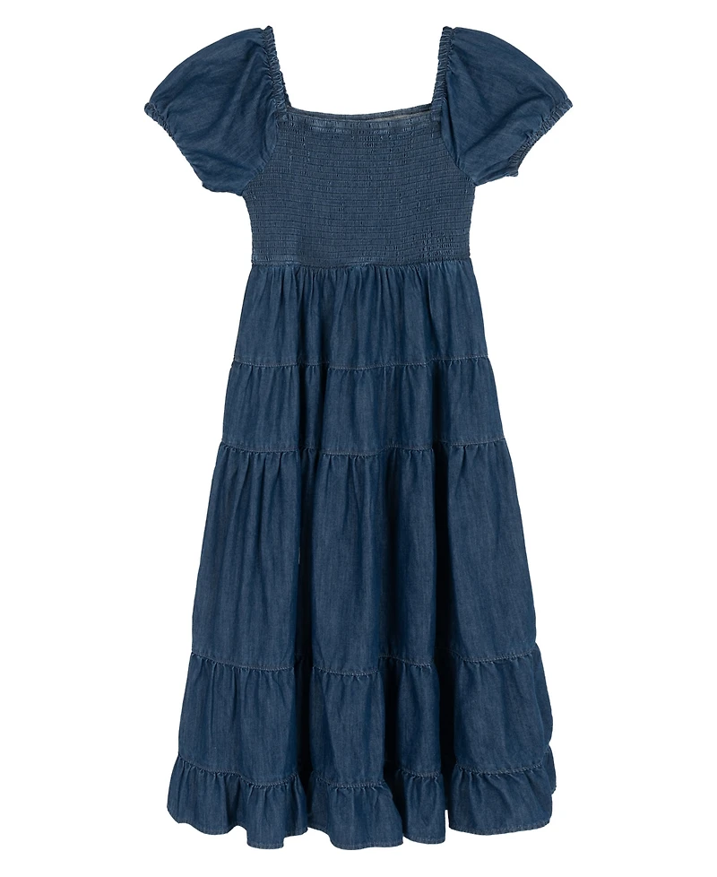 Rare Editions Girls' 7-14 Chambray Puff Sleeve Tiered Midi Dress with Keychain