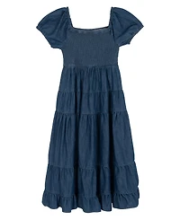 Rare Editions Girls' 7-14 Chambray Puff Sleeve Tiered Midi Dress with Keychain