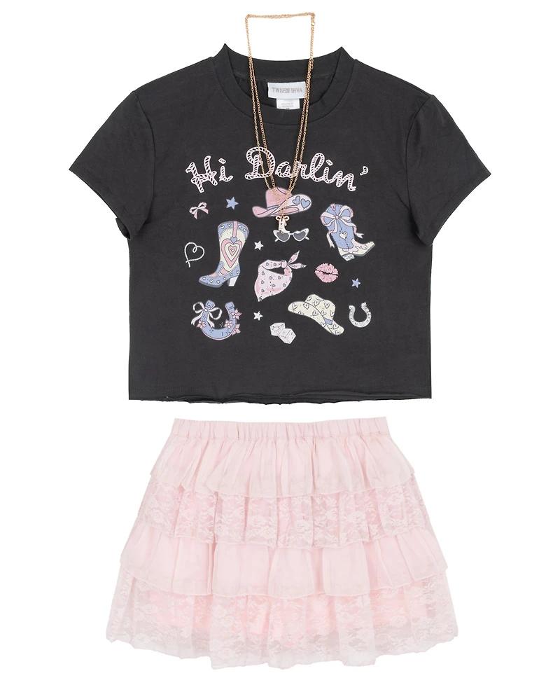 Tween Diva Girls' 7-12 Western Graphic T-Shirt, Mixed Media Tiered Skort and Necklace, 3-Piece Set