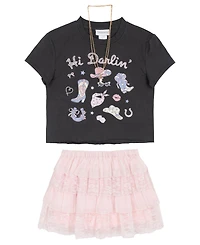 Tween Diva Girls' 7-12 Western Graphic T-Shirt, Mixed Media Tiered Skort and Necklace, 3-Piece Set