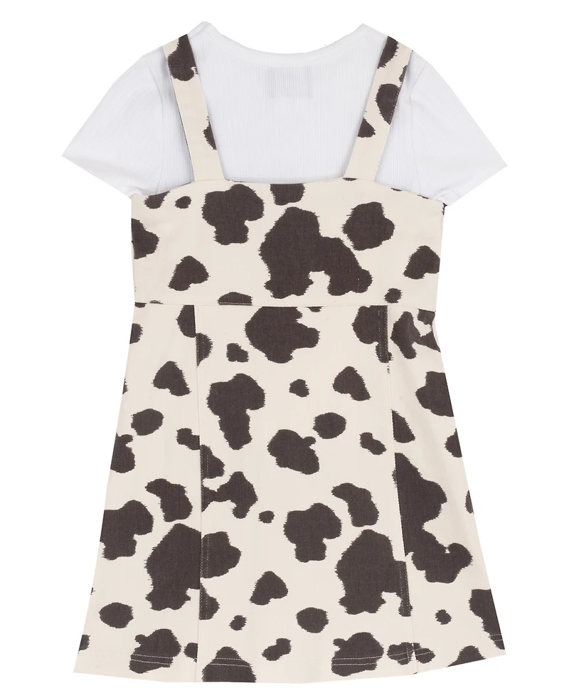 Rare Editions Girls' 2T-6X Cow Print Twill Jumper and T-Shirt, 2-Piece Set