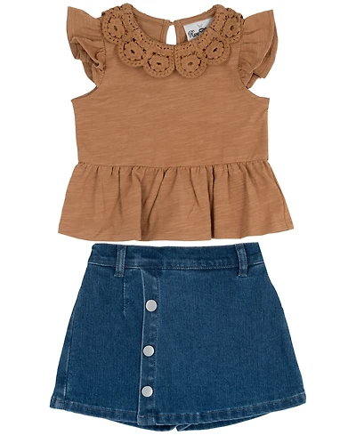 Rare Editions Toddler Girls' 2T-4T Crochet Collar Knit Top and Denim Skirt, 2-Piece Set