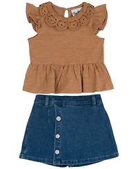 Rare Editions Toddler Girls' 2T-4T Crochet Collar Knit Top and Denim Skirt, 2-Piece Set