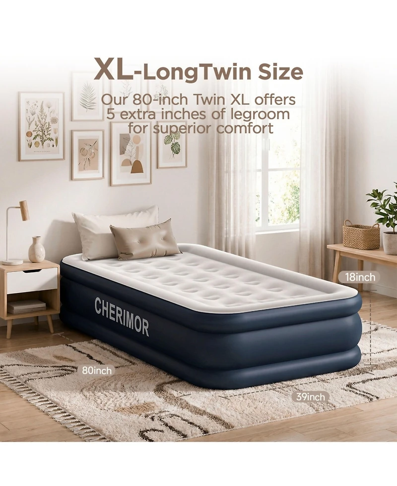 Cherimor 20" Twin Xl Air Mattress with Built-in Pump, 500lb Capacity, Fast Inflation Guest Bed, Honeycomb Support, Blue