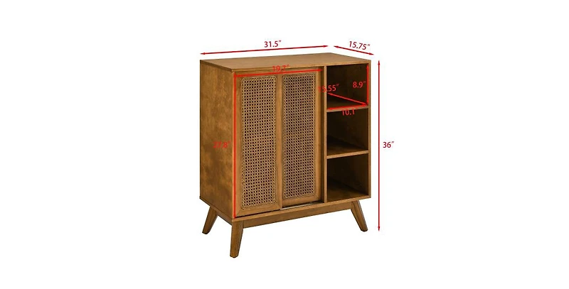 Flynama Mid Century Rattan Sideboard Cabinet with Adjustable Shelves and Wood Legs Light Wood