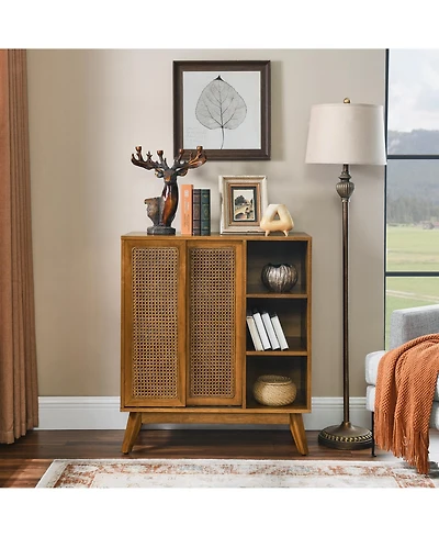 Flynama Mid Century Rattan Sideboard Cabinet with Adjustable Shelves and Wood Legs Light Wood