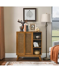 Flynama Mid Century Rattan Sideboard Cabinet with Adjustable Shelves and Wood Legs Light Wood