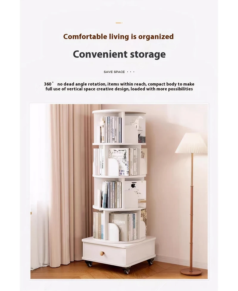 flynama 5-Tier 360 Degree Rotating Wooden Bookshelf with Single Drawer, Space-Saving Corner Home Organizer