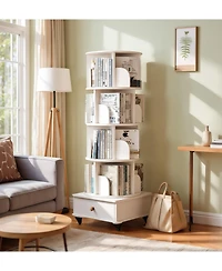 flynama 5-Tier 360 Degree Rotating Wooden Bookshelf with Single Drawer, Space-Saving Corner Home Organizer