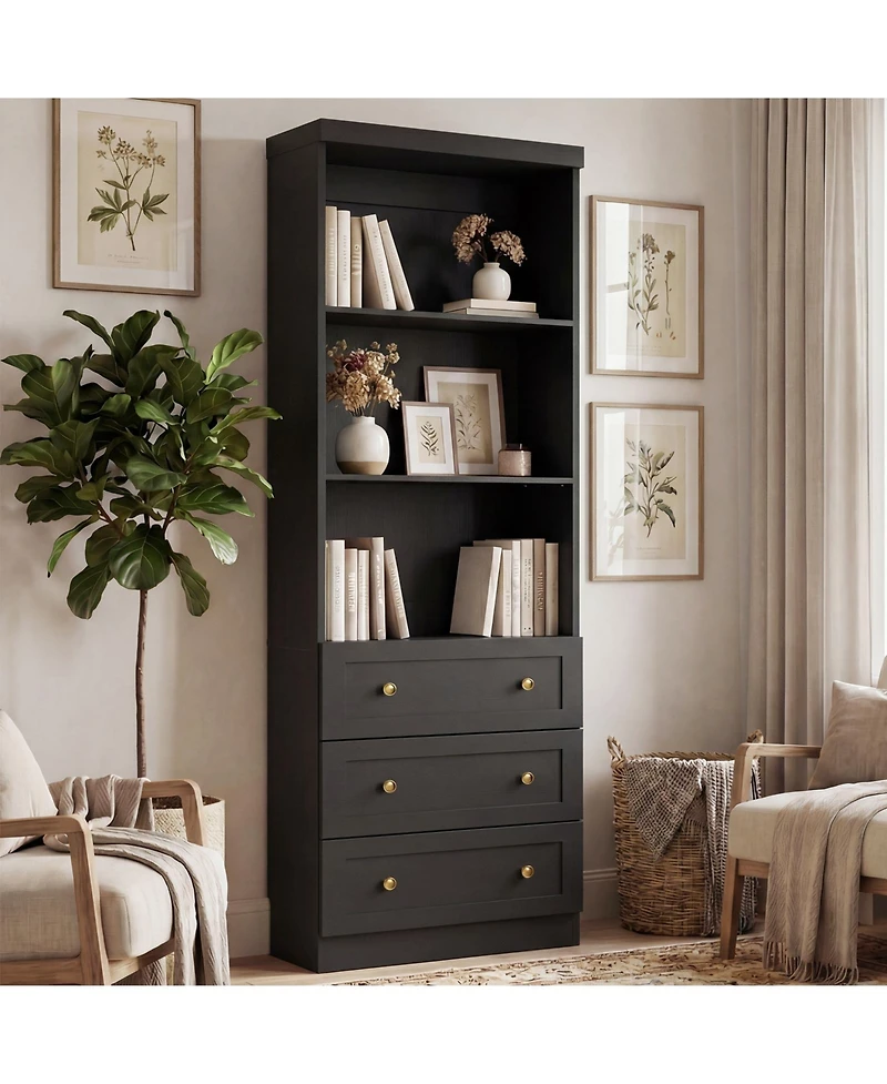 Aheaplus 80" Storage Cabinet with 3 Drawers and Open Shelves, Wooden Bookcase